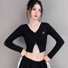 街舞潮牌花边休闲爵士hiphop长袖女跳舞jazz上衣潮黑色红色雪尼尔