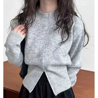 秋冬新款简约套头毛衣女短款洋气设计感拉链收腰显瘦圆领针织上衣