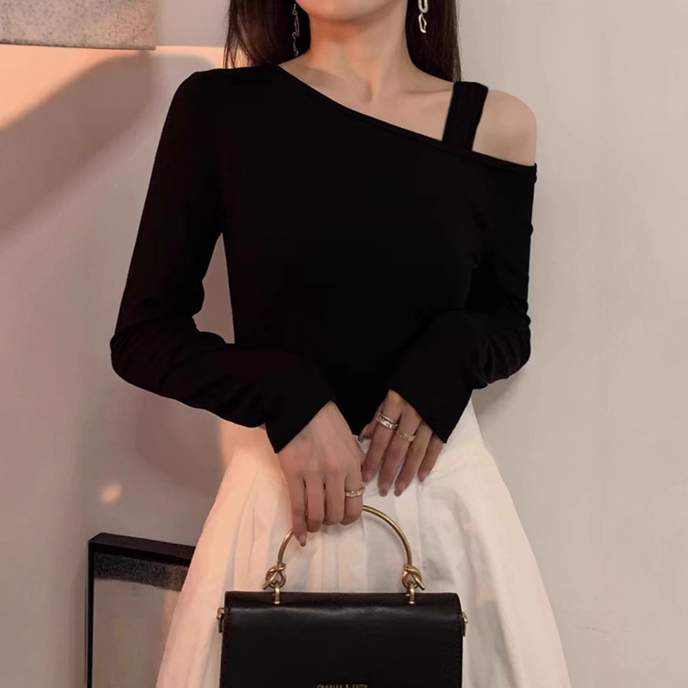 春秋季新款斜领露肩设计感气质长袖上衣女休闲外穿百搭打底衫上衣