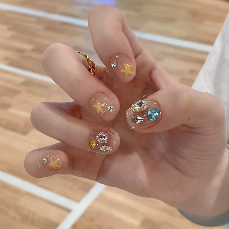 Short Nail Tips with Colorful Irregular Rhinestones in Creamy Yellow Star Design, Pre-Made for New Year Wear