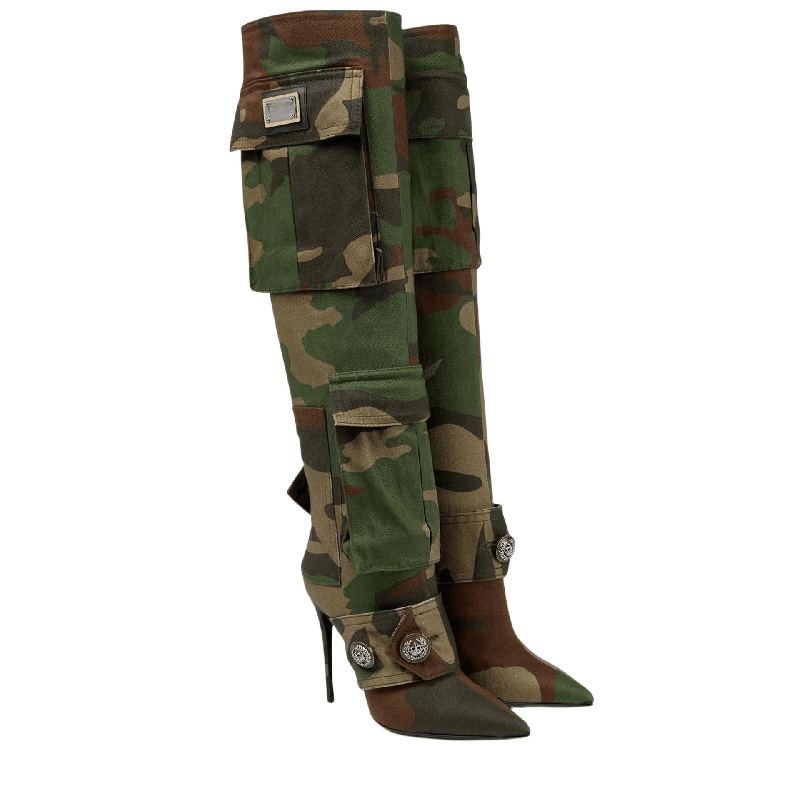 Women's boots 2023 European and American new camouflage stiletto heel over-the-knee boots pointed high heel plus size personality hot girl cross-border boots