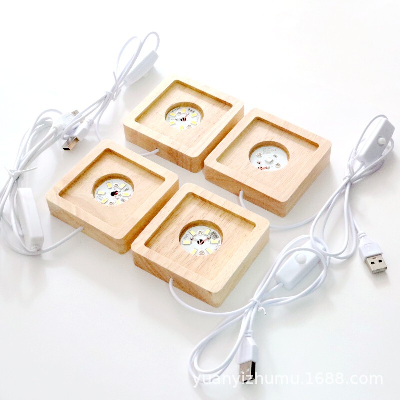 Square inner carving embedded solid wood luminous base LED night light USB with switch three-dimensional plug-in crystal lamp holder