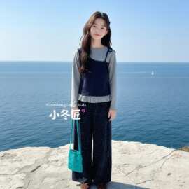 女童春秋套装2026新款大儿童超好看韩系假两件t恤碎花裙裤两件套