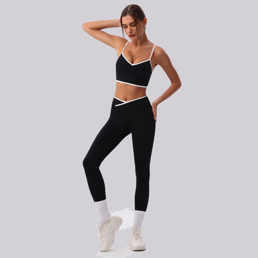 Chaleco deportivo de color contrastante trajes de yoga cruzados cintura alta caderas pantalones ajustados set 2026 nuevos trajes de ejercicio