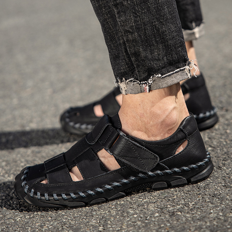 Summer Closed-Toe Sandals Lightweight Size 48 Beach Casual Breathable Velcro Soft Leather Surface Hole Shoes For Men_voghion.com
