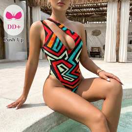 欧美新款高腰外贸性感单肩印花连体露背比基尼涉水运动泳衣套装女