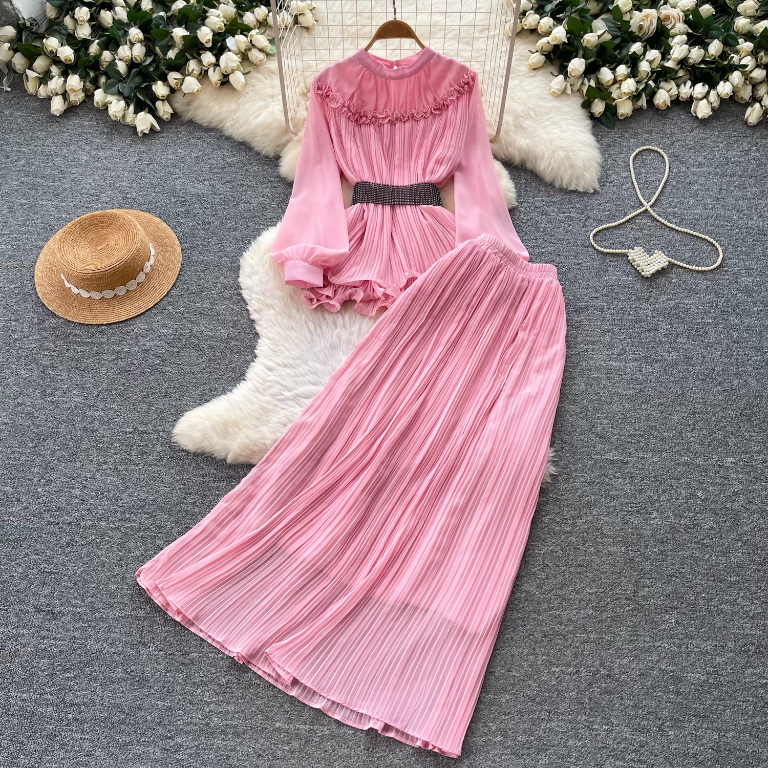 French Office Style Purple Lantern Sleeve Belted Ruffle Midi Dress For Women | Autumn Elegant Two-Piece Set_ecoleips.com
