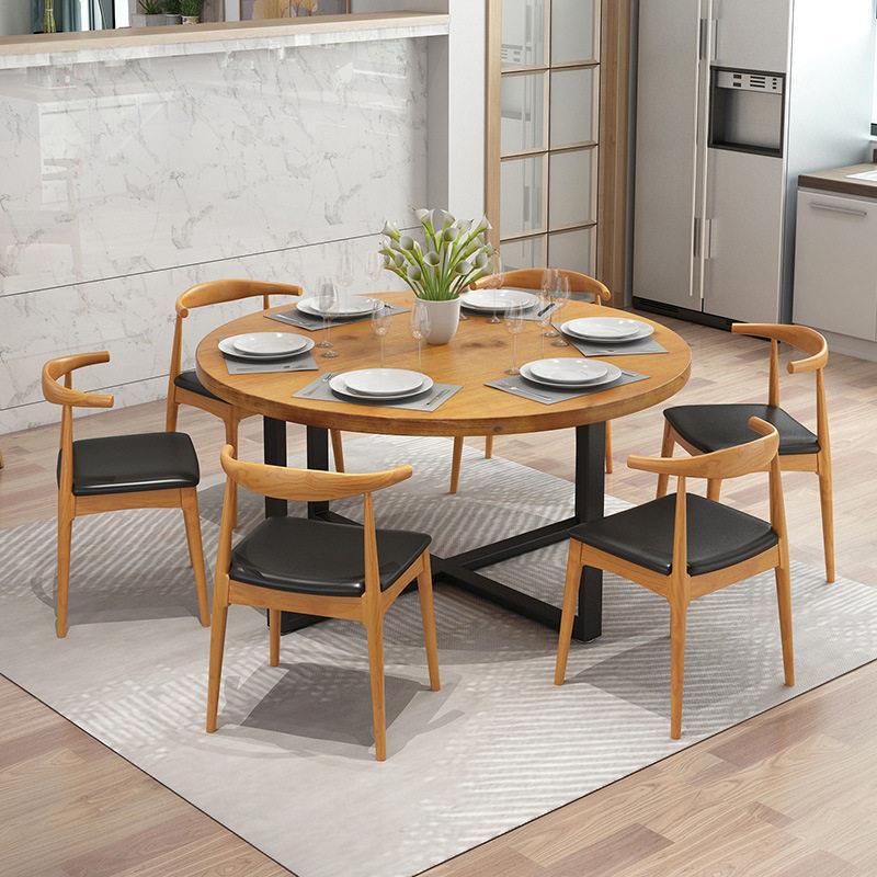 铁艺工业风圆形餐桌家用简约现代吃饭桌子餐厅多人实木桌椅组合