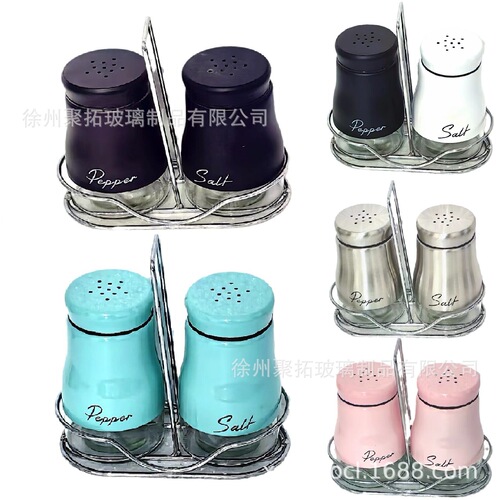 Hot salt and pepper bottles stainless steel glass sprinklers 4oz seasoning bottles with iron frame shelves spice bottles