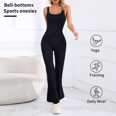 歐美外貿工廠瑜伽連體衣運動健身性感提臀喇叭褲腳緊身連體瑜伽服