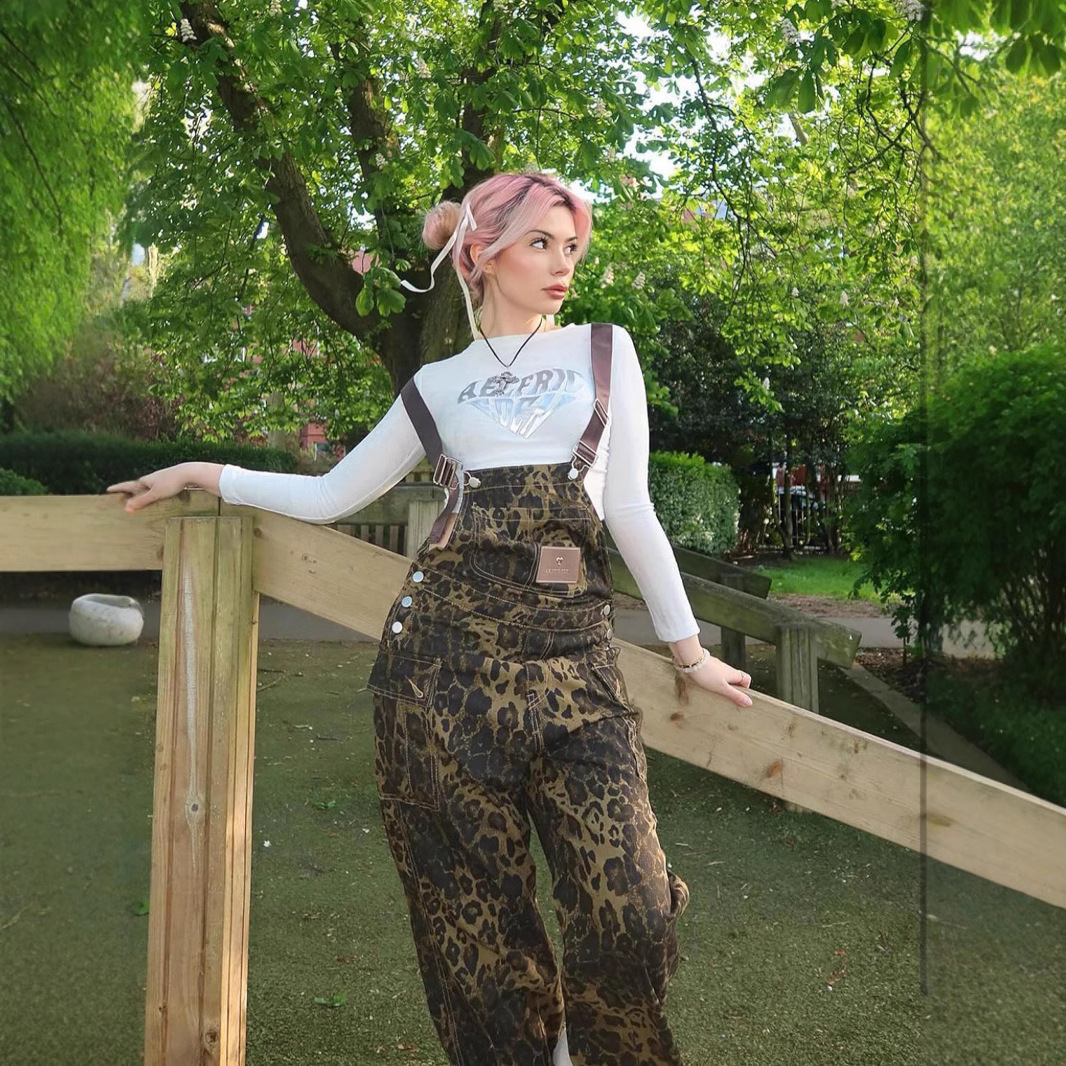 Amazon American retro leopard print overalls Denim suspenders women's 2024 autumn new retro one-piece straight pants