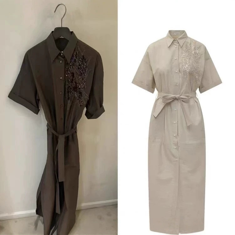 Low-Key Luxury! 2026 Summer Lapel Sequin Embroidered Short-Sleeve Sand-Washed Pure Cotton Shirt Dress, Fashionable and Versatile for Women