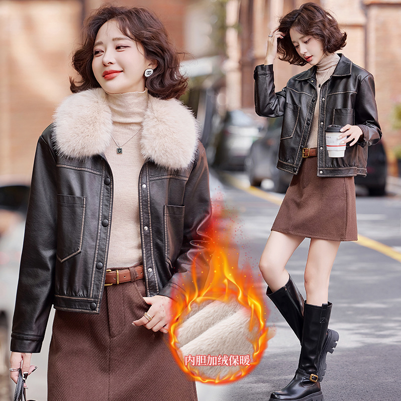 Women's Sheepskin Leather Jacket 2025 New Fashion with Fleece Lining, Thickened and Warm, Versatile and Age-Reducing Short Biker Jacket