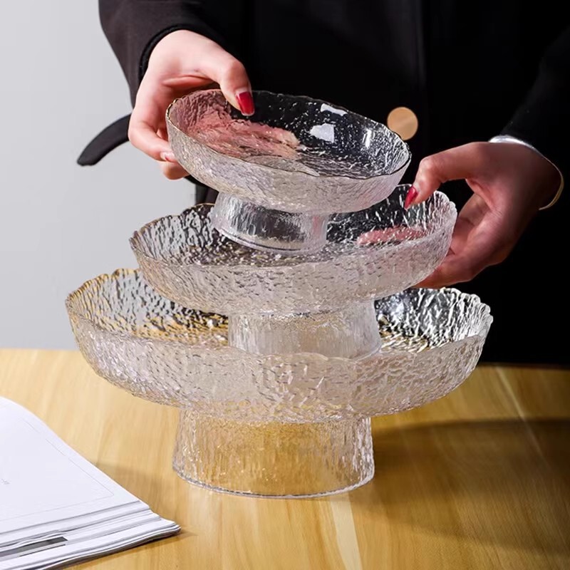 Three-Layer Glass Fruit Plate for Living Room and Tea Table, Simple and Luxurious Snack Tray, Exquisite High-End Tray with High Legs