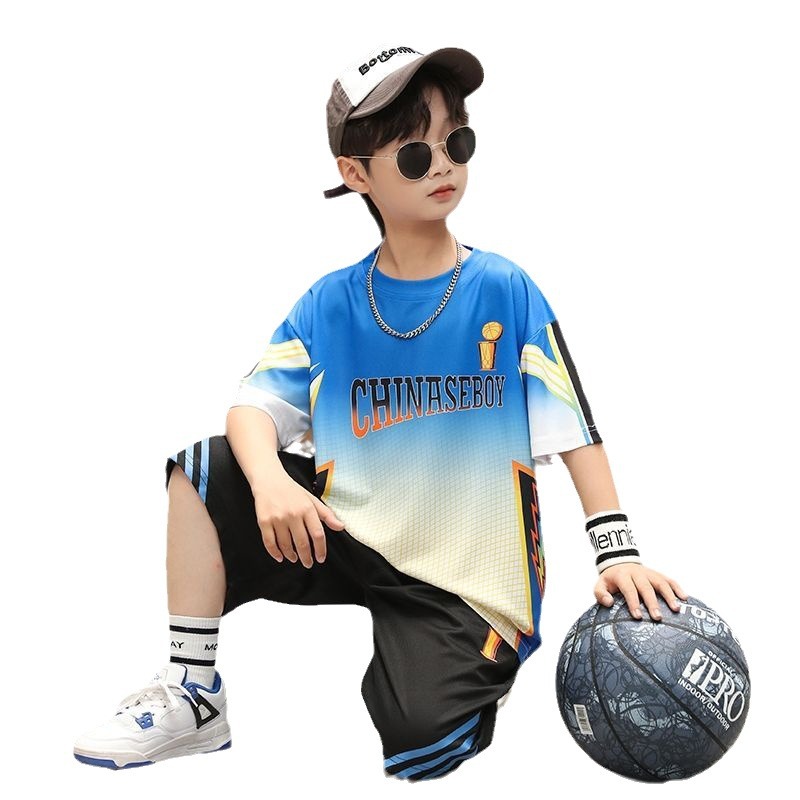 Boys' ice silk sportswear set, new short sleeved shorts, stylish medium to large children's quick drying clothes_voghion.com