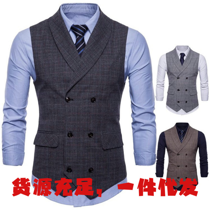 2025 Spring Men's Export Ebay Plaid Vest Casual Business Large Size Double-Breasted Slim Vest Wholesale