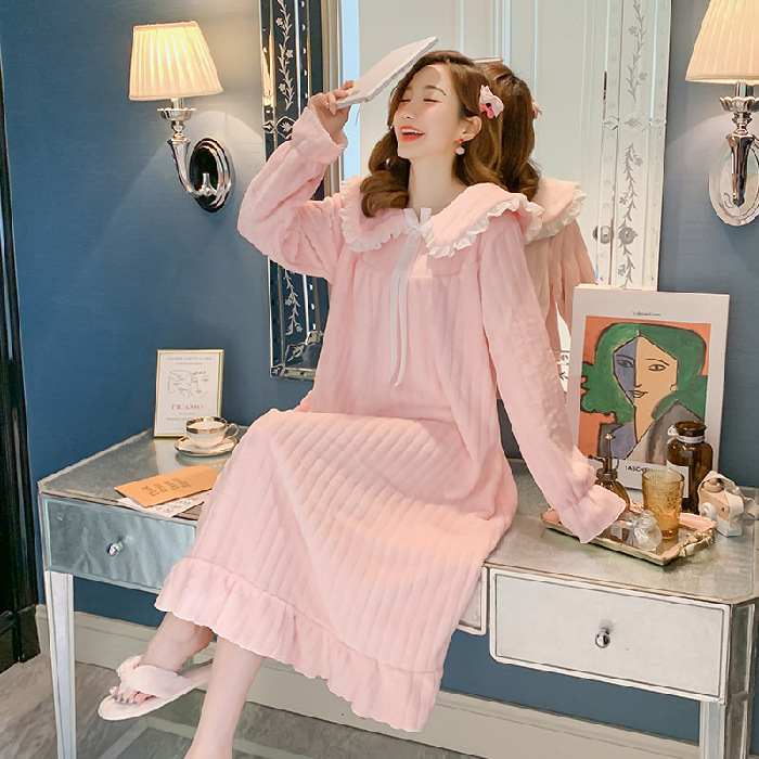 Invierno nuevo color puro camisón de franela las mujeres cálido coral fleece corte princesa vestido las