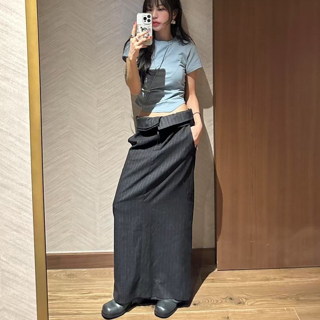 韩国ins 小众个性设计感翻边条纹半身裙女春季新款时尚直筒长裙子