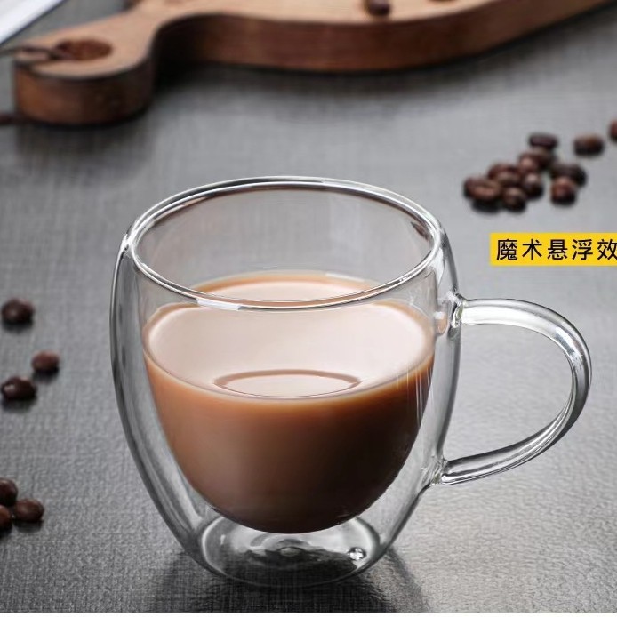 Taza de mango de vidrio doble transparente para el hogar Taza de té de flores resistente al calor creativa Taza de café de jugo de leche de vidrio doble con aislamiento térmico