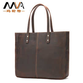MVA新款欧美复古托特包男士单肩包大容量女款包多功能疯马皮包包