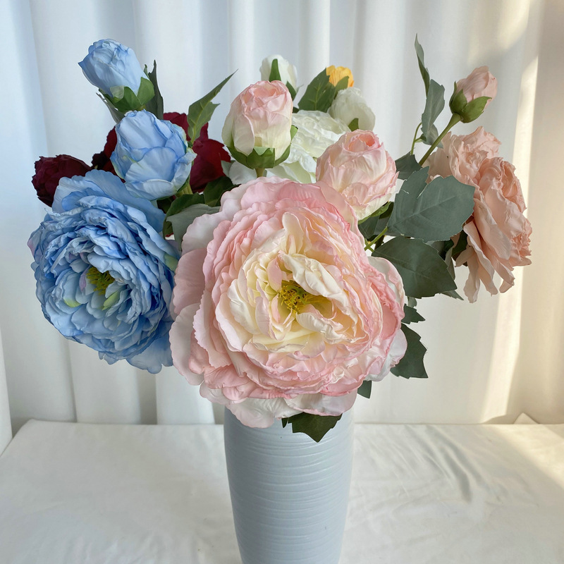 3-tête bord brûlé riche pivoine revêtement bord brûlé tissu plancher table affichage faux fleur décoration de mariage riche pivoine