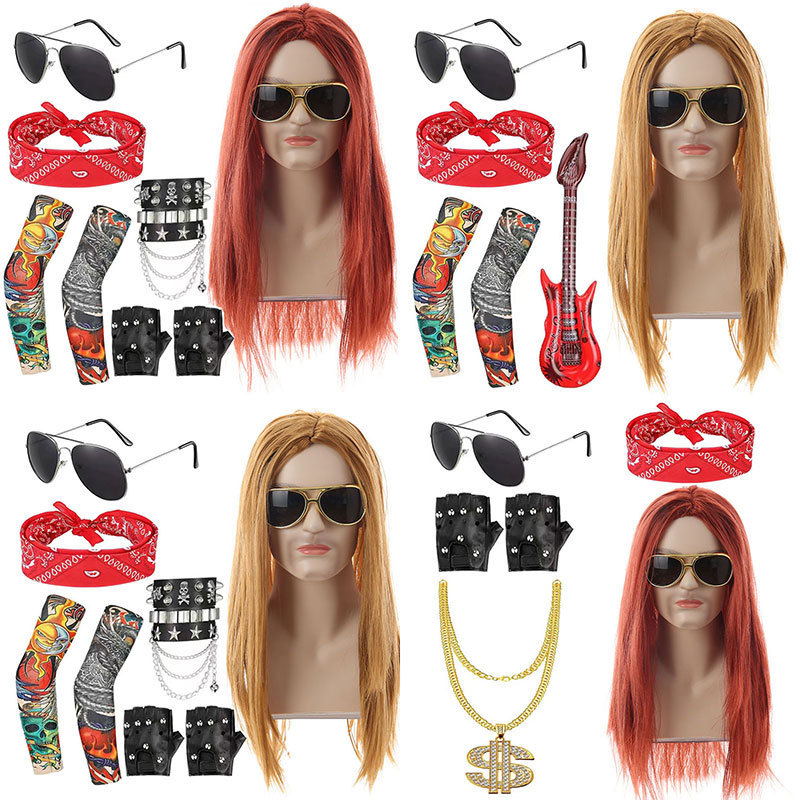 Amazon Halloween Cos Punk Wig Hippie Long Gold Hair Headgear Personalized Rock Tattoo Long Hair Set