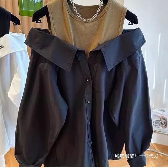 Wholesale Spring and Autumn Plus-Size Off-Shoulder Fashion Trendy Women's Loose Long-Sleeve Shirt Outerwear Faux Two-Piece Top with Exposed Shoulders Wholesale Spring and Autumn Plus-Size Off-Shoulder Fashion Trendy Women's Loose Long-Sleeve Shirt Outerwear Faux Two-Piece Top with Exposed Shoulders