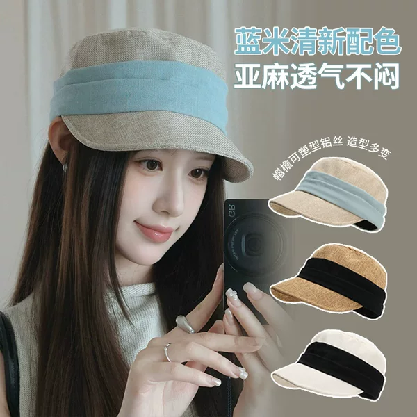 Korean Color-Blocked Pleated Ribbon Fisherman Hat for Women, Summer Outdoor Sun Protection Bucket Hat, Faux Cotton-Linen Breathable Equestrian Hat