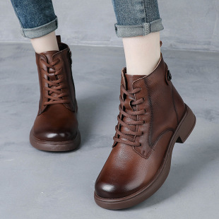 Full Cowhide Autumn and Winter New Retro British Style Thick Heel Martin Boots Genuine Leather Short Boots Women's All-match Lace-up Leather Boots