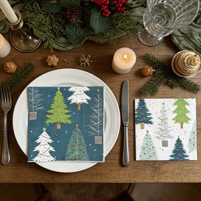 New hot-selling Christmas tree printed tissue paper 33&25cm for hotel and home use, New Year and Christmas party napkins New hot-selling Christmas tree printed tissue paper 33&25cm for hotel and home use, New Year and Christmas party napkins