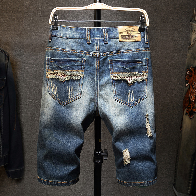 Pantaloncini in denim da uomo con fori strappati, 5/4 p, vestibilità slim oversize versatile da uomo alla moda, pantaloncini in denim 5/5, mendicanti_voghion.com