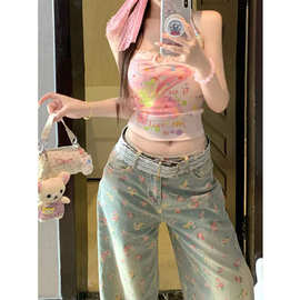 复古蓝阔腿牛仔裤女2026春季新款设计感碎花做旧宽松直筒拖地长裤