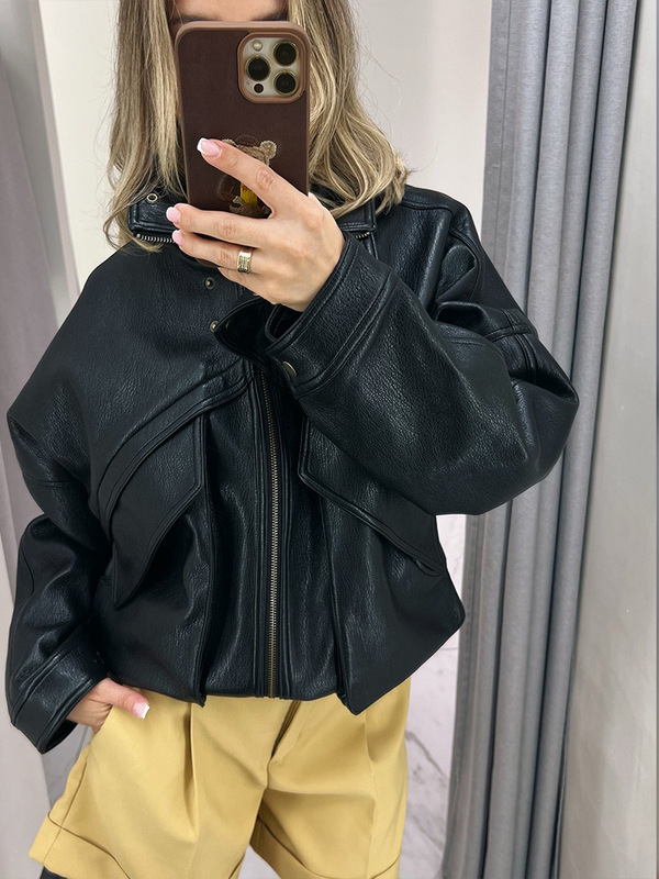 宽松休闲风设计感立领长袖纯色拉链夹克外套女2025跨境欧美风新款|undefined