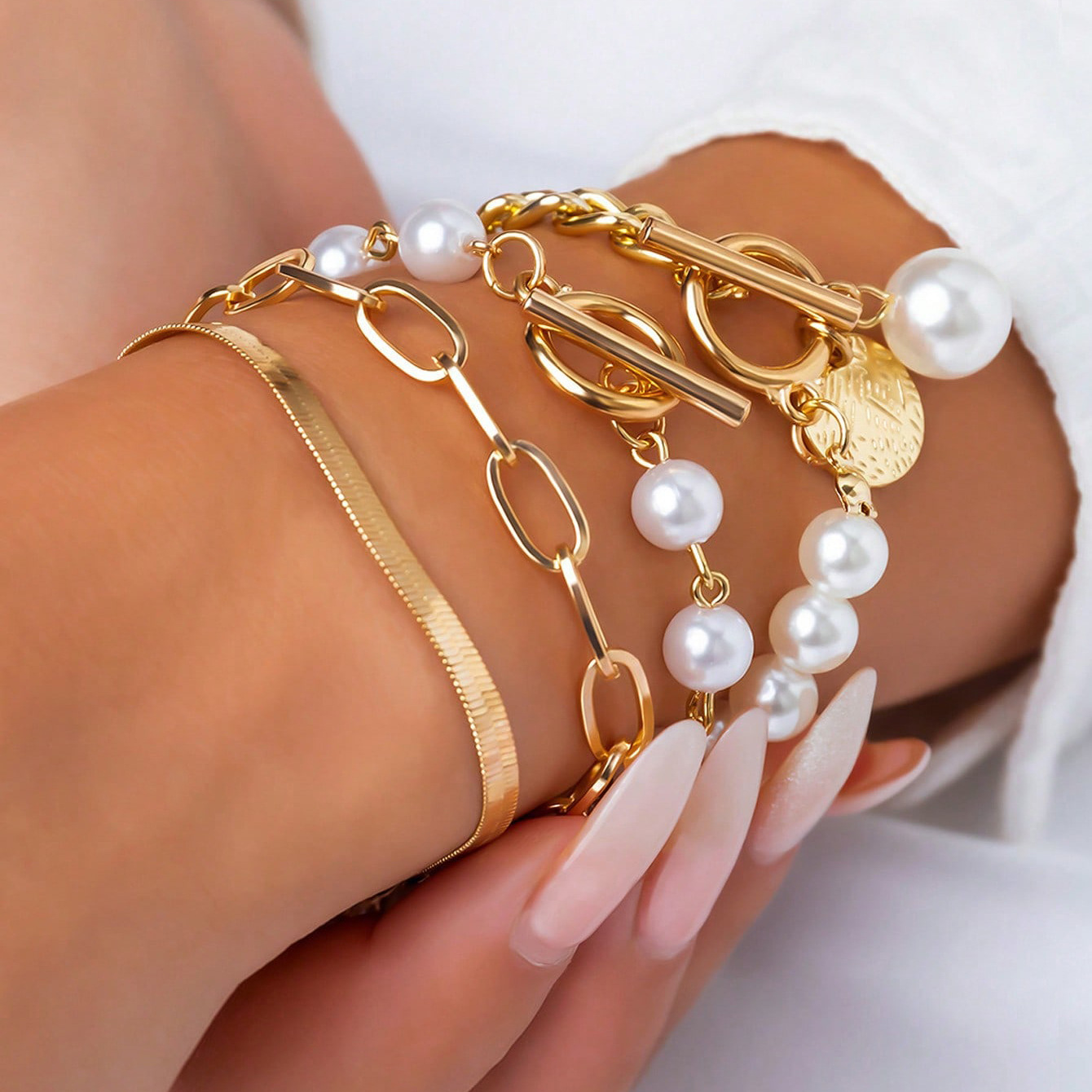 Cross-border Popular Pearl Multi-layer Jewelry, Portrait OT Clasp Bracelet Set, Personalized Cross Chain Hand_voghion.com