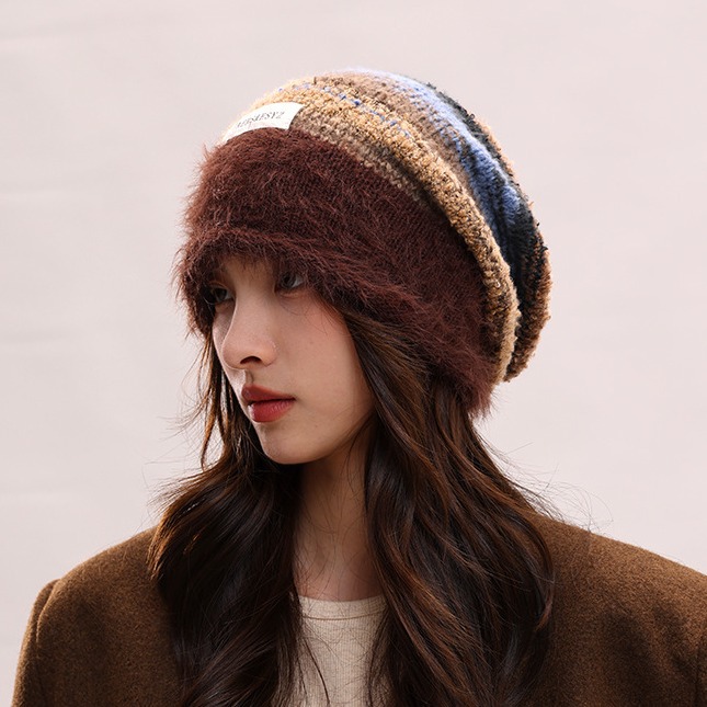 Cappello di lana per bambini, lavorato a maglia, con filato di piume femminili, impilato, che mostra il viso, piccolo calore autunnale e invernale, freddo cappello di lana, maschile_voghion.com