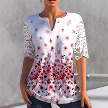 亚马逊跨境外贸数码印花女士蕾丝袖小V领T恤上衣性感短袖休闲百搭