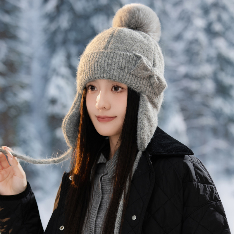 冬天帽子女甜美可爱护耳毛线帽大毛球蝴蝶结针织帽加绒加厚包头帽|undefined