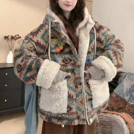 韩版复古双面穿撞色羊羔毛短外套女2025秋冬新款宽松加厚两穿棉服
