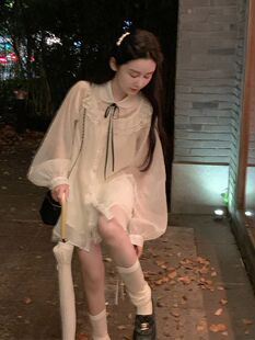 《英式早茶》白色仙仙清爽微透夏季長袖襯衫+蕾絲蓬蓬短裙套裝女