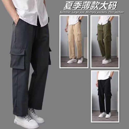 Versatile pocket straight-leg pants for men, summer workwear, long casual pants, trendy pants for men, loose spring thin version, large size