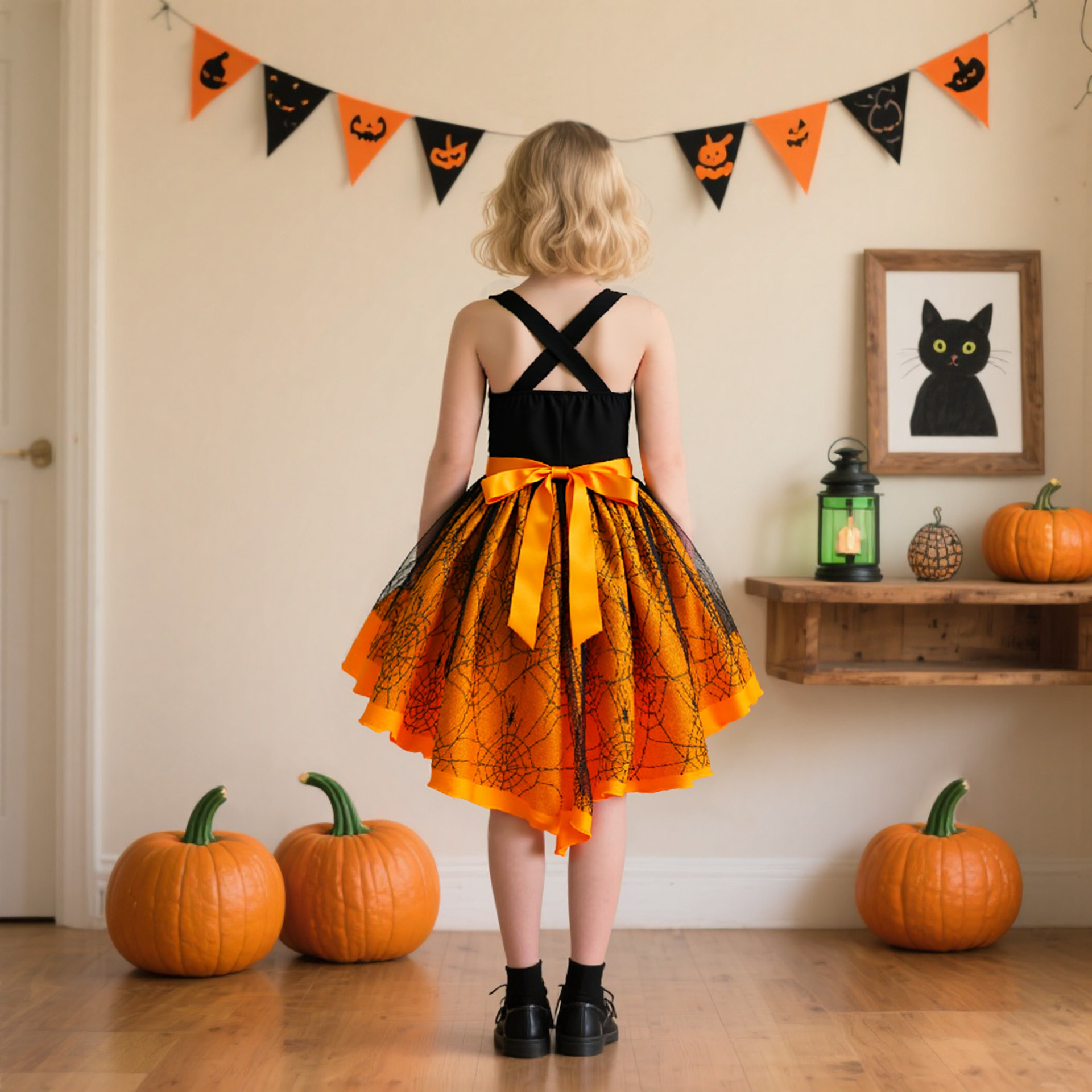 Halloween trajes de niños naranja bruja cosplay rol de bruja cola de golondrina calabaza ping-pong vestido
