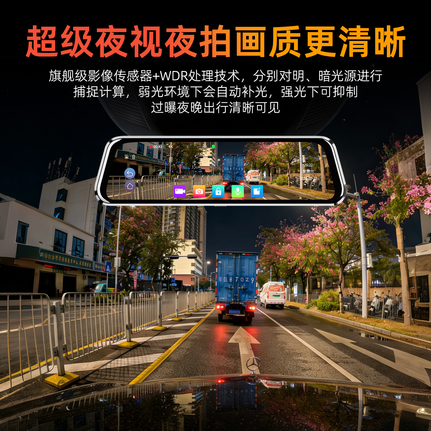 ストリーミングメディア搭載ドライブレコーダー 高画質バックミラー デュアルレンズ 音声コントロール フルスクリータッチ 車載用10インチ4K 越境仕様