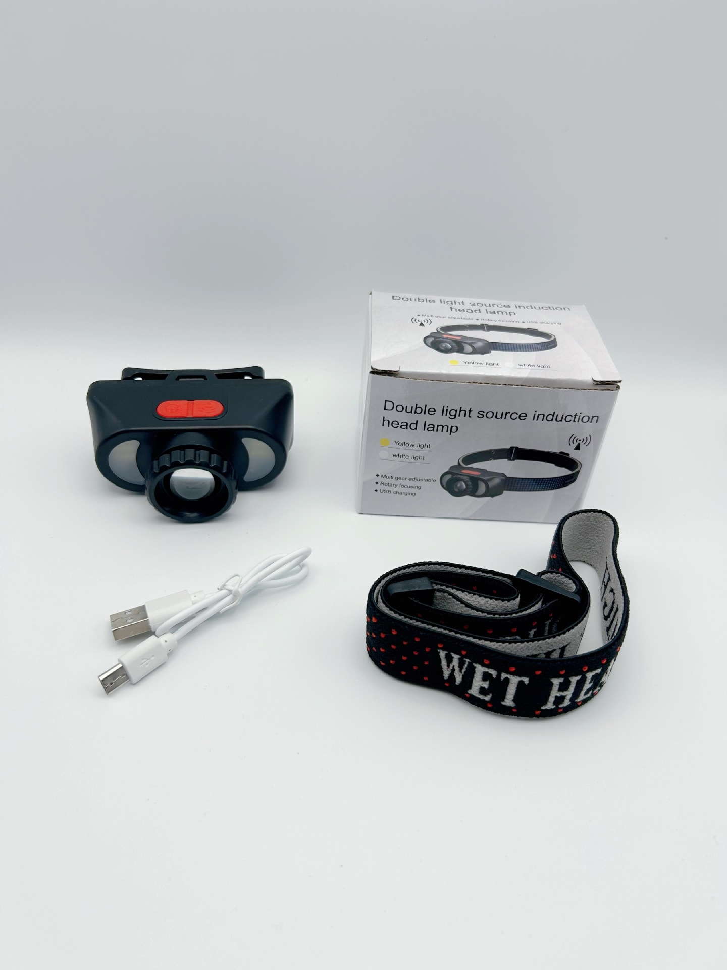 Luz amarilla faro con sensor de pesca lámpara de zoom batería larga batería recargable led luz azul linterna especial montada en la cabeza para pesca nocturna