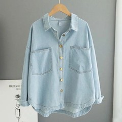 【现货】外贸中长款宽松牛仔外套淡雅文艺双口袋水洗浅蓝牛仔衣女