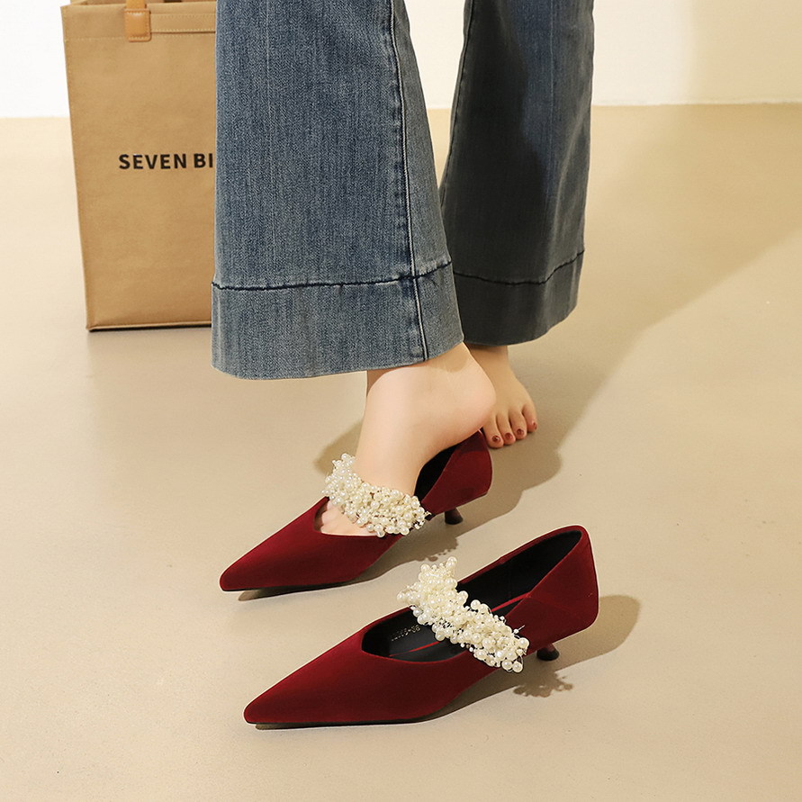 2355-K229 Fashion Xishi Velvet Low Heel Women’s Shoes Professional Pointed Shallow Mouth Pearl Buckle Strap Single Shoes for Women