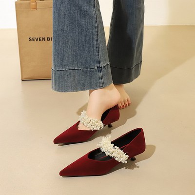 2355-K229 Fashion Xishi Velvet Low Heel Women’s Shoes Professional Pointed Shallow Mouth Pearl Buckle Strap Single Shoes for Women