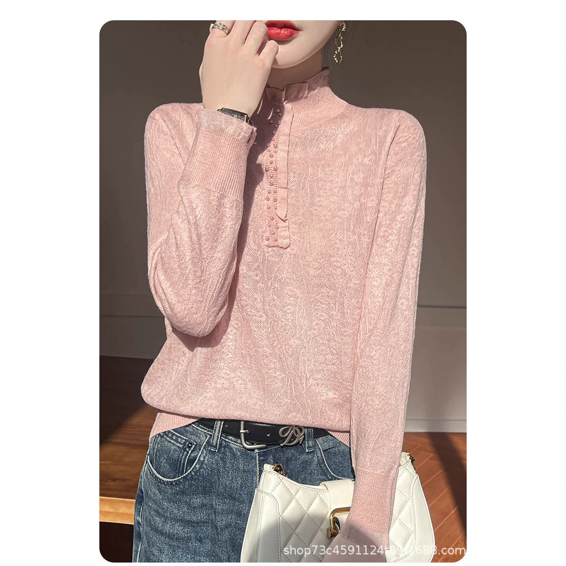 [Прямая поставка производителя] сплошной жаккардовый полые воротнички женский свитер весной и осенью тонкий трикотажный нижний свитер