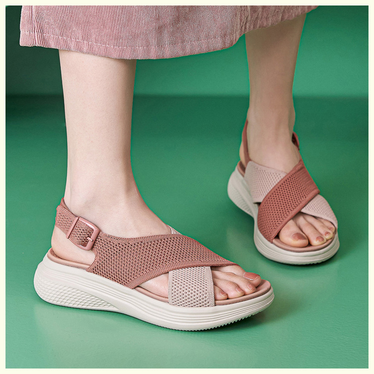 Sandal nữ quai chéo dệt kim phối dây rút, đế MD nhẹ êm — màu be, màu đen, xanh lam, màu hồng chi tiết 13
