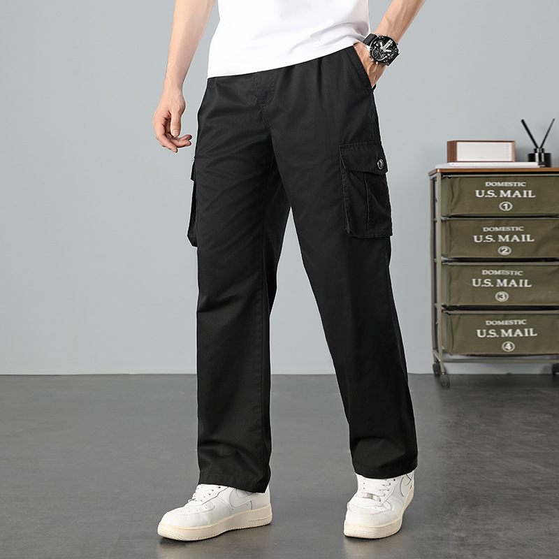 Men's Cross-Border Cotton Trousers, Middle-Aged, Black, Solid Color, Mid-Waist, Non-Stretch, Work Pants, Casual, Pure Cotton, Breathable, Versatile