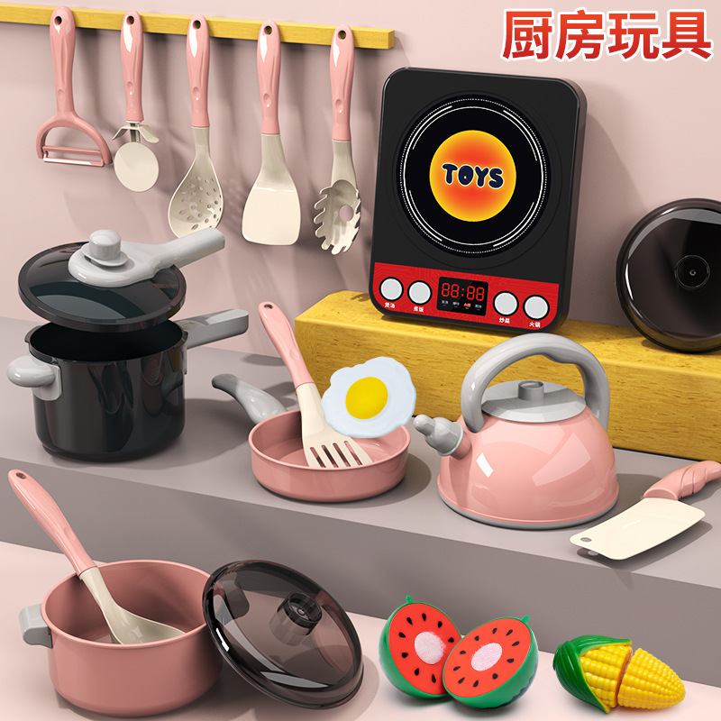 Children's Small Kitchen Toy Set for Girls, Pretend Play Cooking, Induction Cooker, Tableware, Baby Cutting Fun Stove